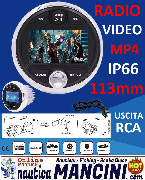 Radio VIDEO FM/MP4/Bluetooth/USB per uso nautico 4x45W