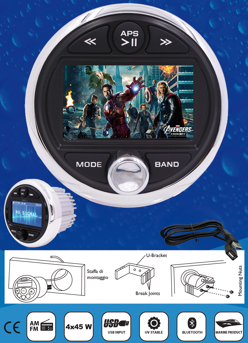 Radio VIDEO FM/MP4/Bluetooth/USB per uso nautico 4x45W