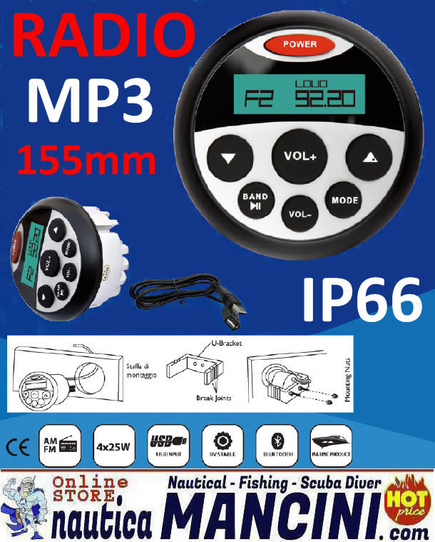 Radio FM/Bluetooth/USB/Mp3 per uso nautico 4x40W - BT08