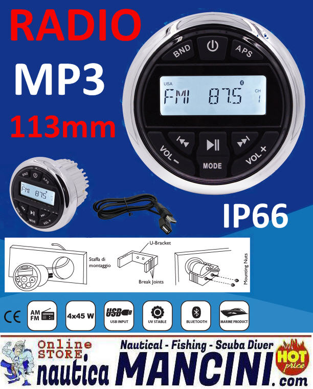 Radio FM/Bluetooth/USB/Mp3 per uso nautico 4x45W - H833
