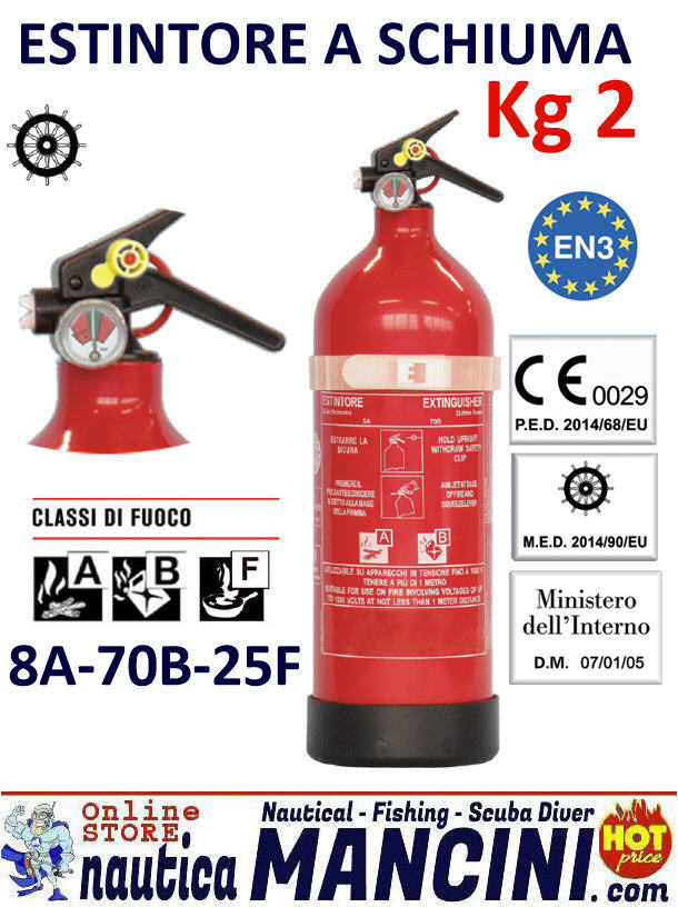 Estintore Schiuma 2Kg con Manometro Classe 8A-70B-25F
