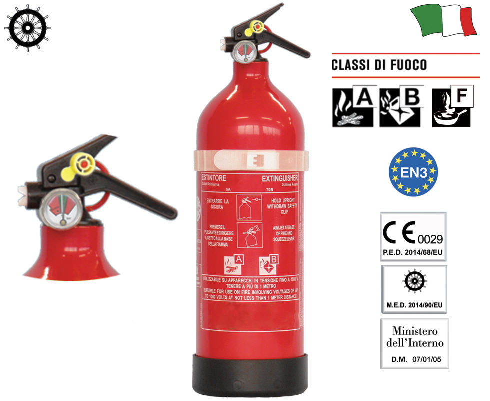 Estintore Schiuma 2Kg con Manometro Classe 8A-70B-25F