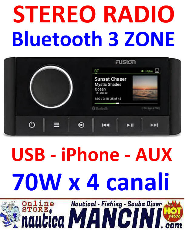 Radio FM/Bluetooth 3 ZONEUSB/Apple AirPlay 2/UPnP/ottico/iPhone/iPod/1 Aux/MTP per uso nautico 4x70W - FUSION APOLLO MS-RA670