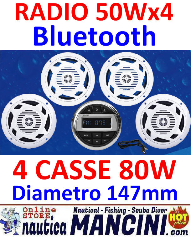 Radio + Casse 80W LED BLU - FM/Bluetooth/USB/MP3/AUX/RCA per uso nautico 4x50W - BT107