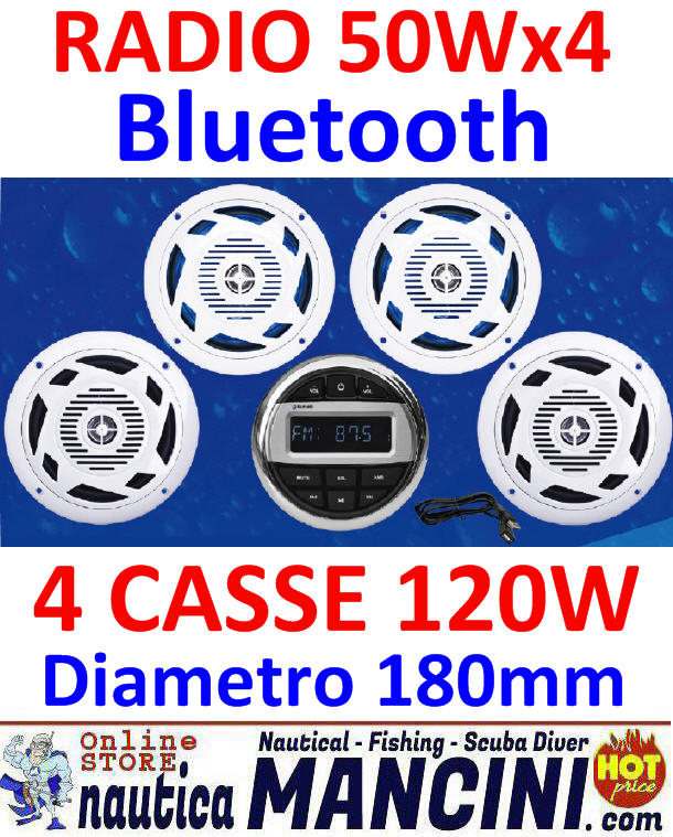 Radio + Casse 120W LED BLU - FM/Bluetooth/USB/MP3/AUX/RCA per uso nautico 4x50W - BT107