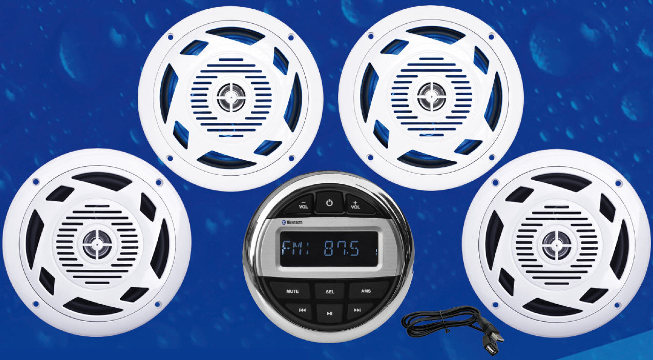 Radio + Casse 120W LED BLU - FM/Bluetooth/USB/MP3/AUX/RCA per uso nautico 4x50W - BT107