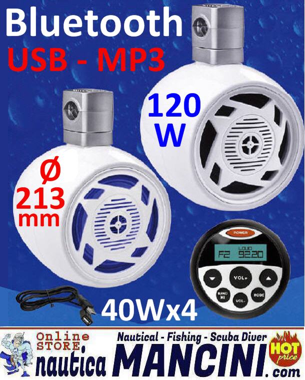 Radio + Casse 120W LED BLU - FM/Bluetooth/USB/MP3/AUX/RCA per uso nautico 4x40W - BT08