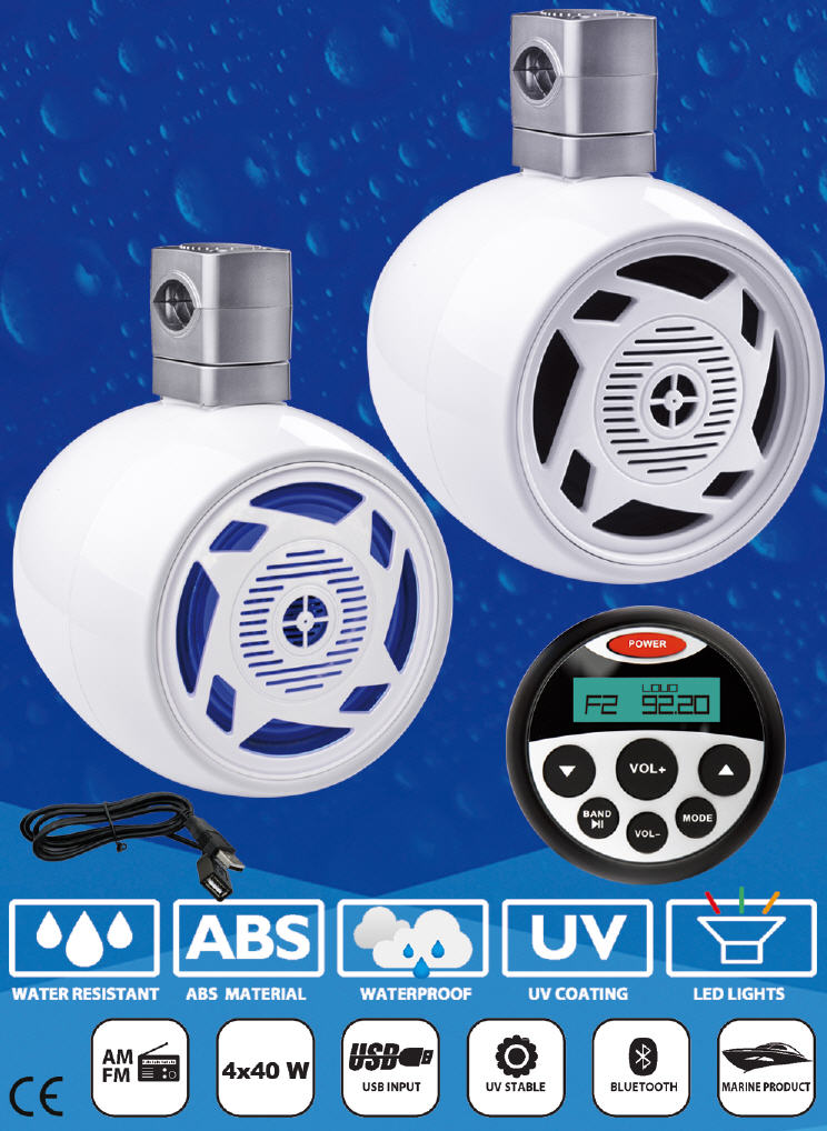 Radio + Casse 120W LED BLU - FM/Bluetooth/USB/MP3/AUX/RCA per uso nautico 4x40W - BT08