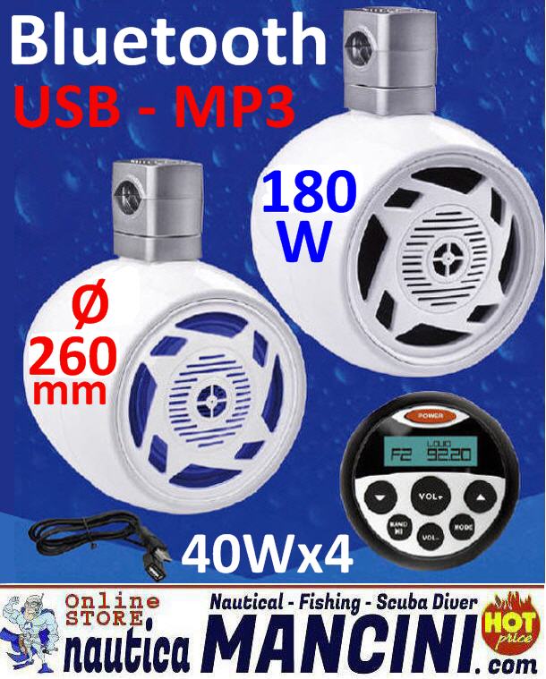 Radio + Casse 180W LED BLU - FM/Bluetooth/USB/MP3/AUX/RCA per uso nautico 4x40W - BT08