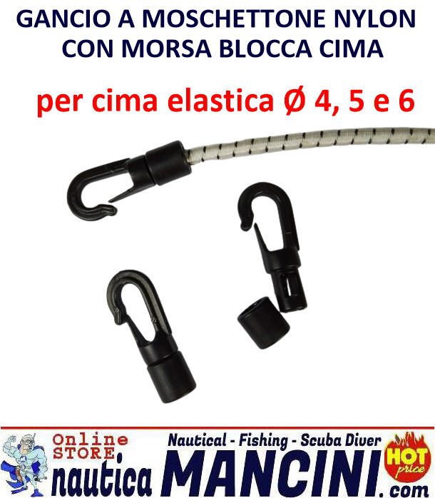 Gancio Nylon Stringicima a Moschettone per Cime Elastiche Ø 4 - 5 - 6