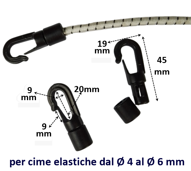 Gancio Nylon Stringicima a Moschettone per Cime Elastiche Ø 4 - 5 - 6