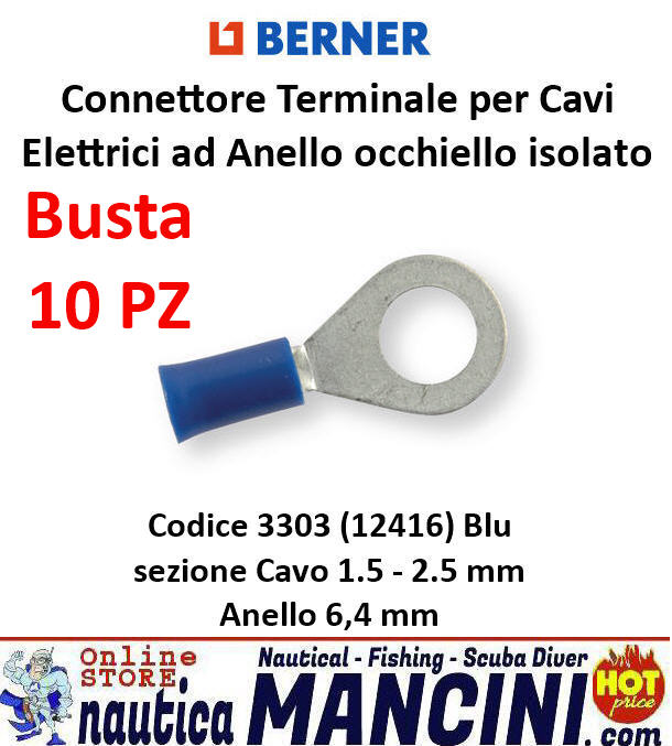 Connettore Terminale per Cavi Elettrici ad Anello occhiello isolato Blu sezione Cavo 1.5 - 2.5 mm, Anello 6,4 mm