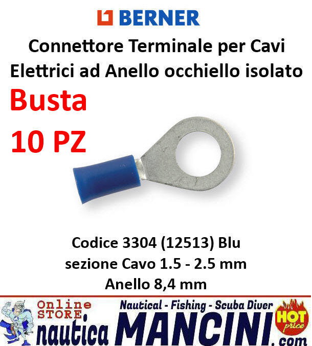 Connettore Terminale per Cavi Elettrici ad Anello occhiello isolato Blu sezione Cavo 1.5 - 2.5 mm, Anello 8,4 mm